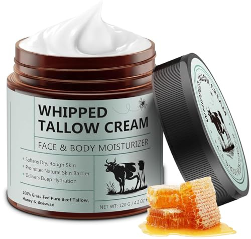 Rindertalg für Hautpflege, Beef Tallow Creme, Bio Whipped Tallow Cream&Honigbalsam, Grasgefütterter Rindertalg Creme für Gesicht Körper, Feuchtigkeitsspendende Gesichtscreme für trockene Haut, 120g