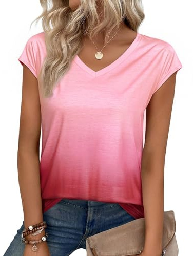 Aottori Tee Shirt Dégradé Femme Col V Manches Courtes Coupe Ample | Effet dégradé visible; col V clairement structuré; manches courtes avec une ligne nette; coupe ample et longueur standard