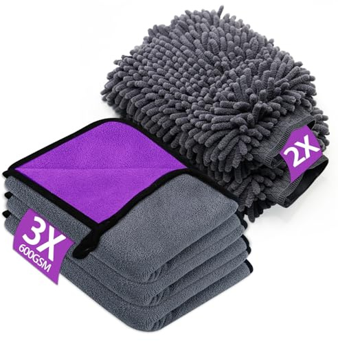 KALBIGRO Juego de 3 Piezas Bayeta Microfibra & 2 Piezas Manoplas de Secado Lavado, 600 g/m²