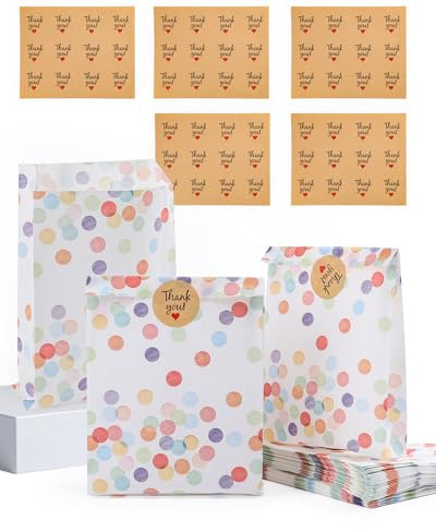 Acual 50 Stück Geschenktüten,Papiertüten,Geschenktüten Kindergeburtstag | mit 60 Aufklebern, Candy Tüten zum Mitgebsel,Papiertüten Klein für Ostern Kindergeburtstag Hochzeit Party Giveaways-19x13x3cm