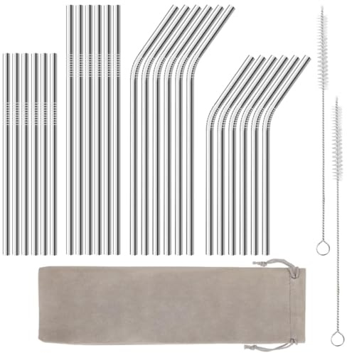 24 Pieces Stainless Steel Straws, 215 mm 265 mm Reusable Straw | Steel Straw with 2 Cleaning Brushes, Metal Straws for Smoothie, Milkshake, Cocktail and Hot Drinks