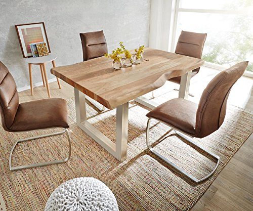 DELIFE Esszimmertisch Edge Akazie Natur 140x90 XL Edelstahl Breit Live-Edge