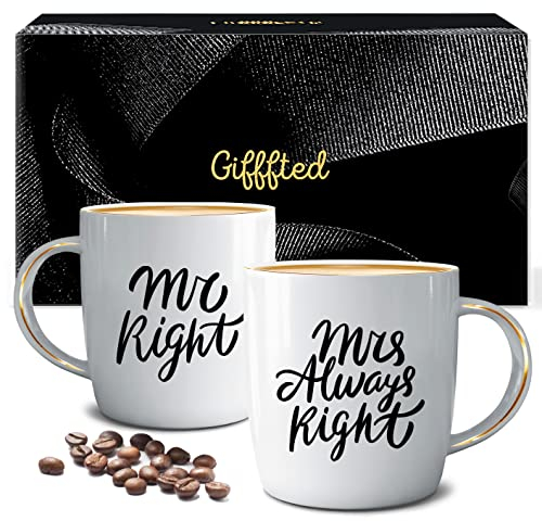 Triple Gifffted Paare Mr Right Mrs Always Right Lustige Tassen Geschenkset Ideen Hochzeitstag, Ehepaare, Verlobungsgeschenk, Hochzeitsgeschenke für Brautpaar, Hochzeit, Weihnachten, Keramik, 380ML