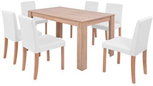 Tidyard Essgruppe 7-TLG. Esszimmertisch und Essstühle Set Tischgruppe Esszimmergarnitur 1 Tisch und 6 Stühle Kunstleder + Holz Cremeweiß und Braun