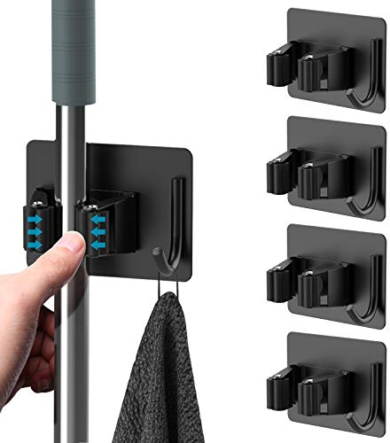 homeasy Soporte Escobas Pared 4 Piezas, Adhesivos Ganchos para Colgar Escobas de Acero Inoxidable Sin Perforar, Colgador de Fregonas con Ganchos para Restaurante, Cocina, Baño, Garaje (Negro)