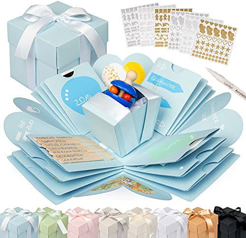 weddlyn® – Überraschungsbox – hochwertiges Papier & Verarbeitung – Explosionsbox mit modernen Stickern und Stift – Surprise Box – Geschenk Box Bilder aufklappen inkl. Anleitung – blau (matt)