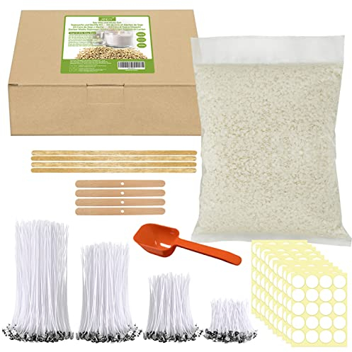JBEIY Cire de soja Pour Bougie, Qualité supérieure Cire a Bougie 1kg avec 200 Mèches 4 Tailles, 100 Autocollants, 1 Cuillère, Kit Cire et Meche pour Fabrication Bougies