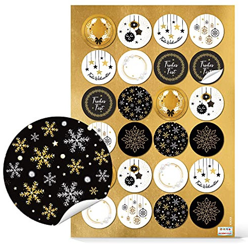 Logbuch-Verlag 24 Weihnachtsaufkleber schwarz weiß gold - Frohe Weihnachten Sticker rund selbstklebend 4 cm