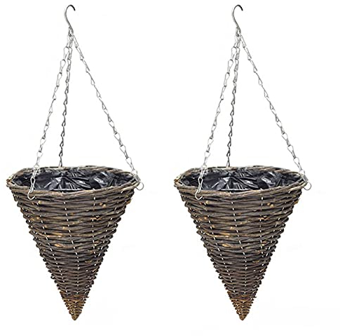 QYLJZB 2 Stück Kegelförmige handgefertigte geflochtene Rattan-Hängekorb, konische Rattan-Wand-Pflanzkörbe mit Kunststofffolieneinsatz für Zuhause, Garten, Hochzeit, Wanddekorationen (30 cm)
