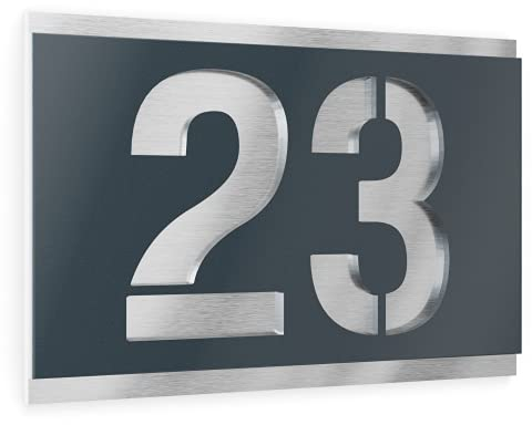 Graviers Design Numero civico personalizzabile in vetro acrilico + acciaio inox V2A 160 x 110 mm Antracite, Resistente alle intemperie, Antiruggine, Targa per porta d’ingresso, Made in Germany