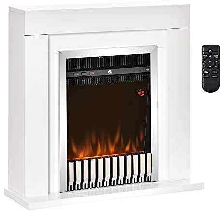 HOMCOM Chimenea Eléctrica 1000/2000W Chimenea Decorativa con Marco Llama Termostato Mando a Distancia Temporizador y Protección Sobrecalentamiento para 20-25 m² Blanco
