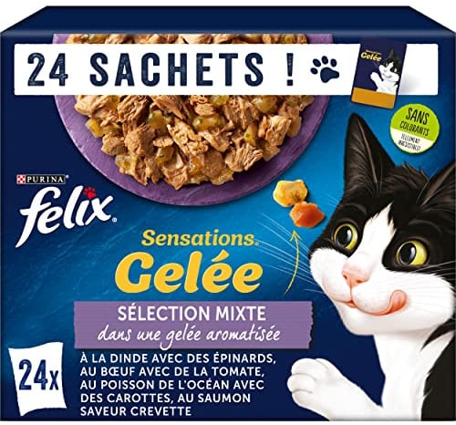 FELIX Sensations Nassfutter für Katzen, gemischte Auswahl, Gelee, 96 Beutel | Katzenfutter, gemischte Auswahl, reich an Vitaminen D und E, Omega-6, ohne Farb- und Konservierungsstoffe – Snack für