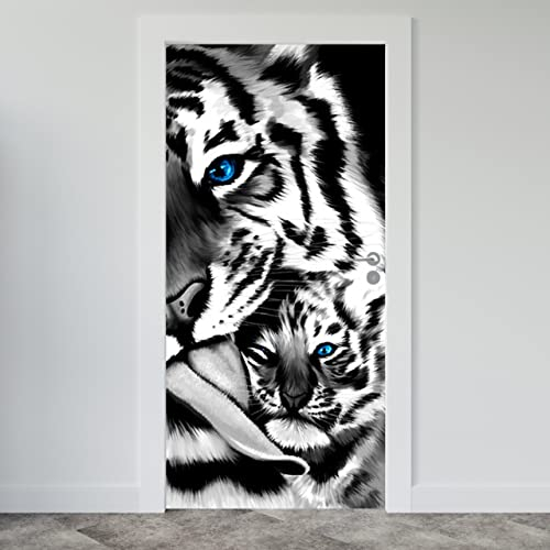 Estika Türtapete selbstklebend - Schwarz-weiß Tiger - 95x205 cm - Einem Bogen Türposter, Tiere Türaufkleber, Aufkleber PVC Folie, Klebefolie für türen, Tür tattoo, Modern decoration
