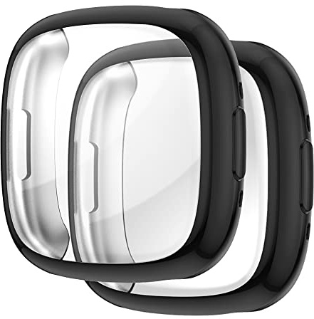 Acadeny [2 Stücke Hülle Kompatibel mit fitbit Versa 4/Sense 2, Schwarz hohe Transparenz Rundum Schutzhülle mit Displayschutzfolie, [Anti-Fleck] [Kratzfest] Ultradünne TPU Schutzhülle für