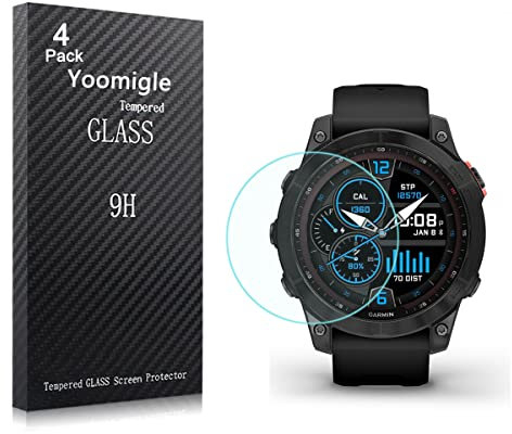 Yoomigle Confezione da 4 pellicole protettive in vetro temperato per Garmin Fenix 7 Solar Smartwatch per Fenix 7, in vetro, antigraffio, senza bolle