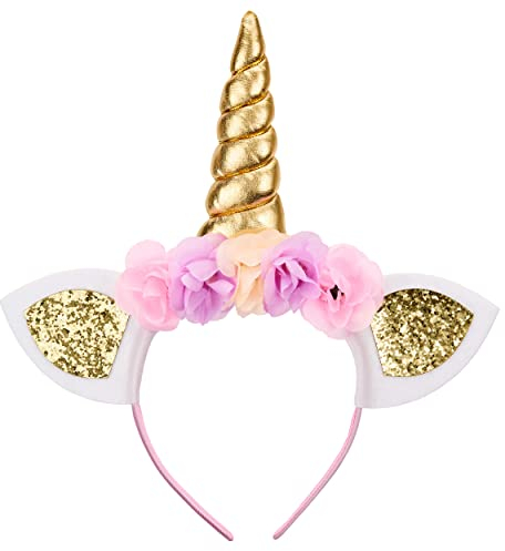 Balinco Einhorn Haarreifen, Gold Headband Haarreif mit Ohren, Haarband mit Blumen für Halloween, JGA, Karneval, Fasching, Pride, Festivals