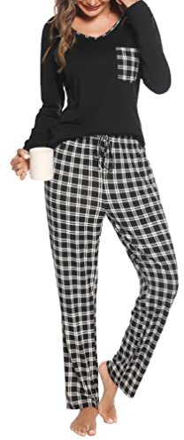 Lovasy Pyjama Femme Hiver Ensembles de Pyjama Femme en Coton Grande Taille Manche Longue 2 Pièces,Noir,M