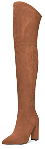 HDEUOLM Donna Chunky Blocco Alto High Tacco Heel Chiusa a Punta Sopra il Ginocchio Stivali Cerniera Sexy Classico Scarpe Marrone 36 EU