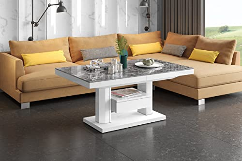 designimpex HM-120 Couchtisch Marmor dunkel/Weiß Hochglanz ausziehbar höhenverstellbar 120/170cm Schublade modern Wohnzimmertisch Esstisch Beistelltisch Sofatisch platzsparend hochwertig Wohnzimmer