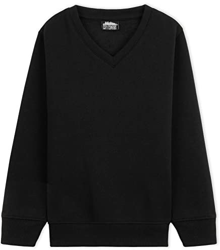 CityComfort Boys V Neck Sweatshirt with Long Cuffed Sleeves (Black - 1 Pack, 13-14 Years)