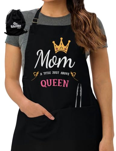 BARTME DESIGN Lustige Küchenschürze – Kochen, Grillen, Chef, wiederverwendbare Geschenktasche, 100 % Baumwolle, Queen Mom, Eine Größe passt meistens