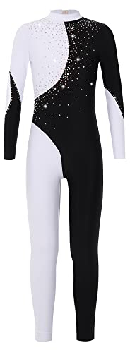 Hedmy Kinder Mädchen Turnanzug Eiskunstlauf Gymnastikanzug Langarm Pailletten Jumpsuit Overall Einteiler Trikot Gymnastik Leotard Schwarz&Weiss 146-152