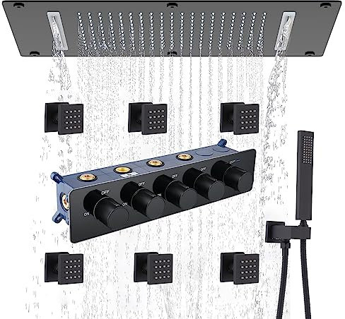 Delnet Matte Black 38 * 69.9 CM Luxury Shower System with Body Spray Jets, Ceiling Rain Brass Shower Combo with Mixer Valve Kit, Thermostatic Rain Waterfall Shower Head, Can Use All Function at Once