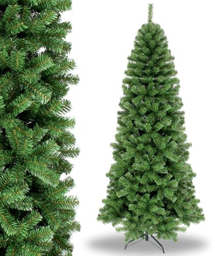 Albero di Natale Slim 240 cm, Realistico e Folto, 1494 Rami con Apertura ad Ombrello, Abete Artificiale Ignifugo, Facile da Montare, in PVC, Verde con solida Base in Metallo