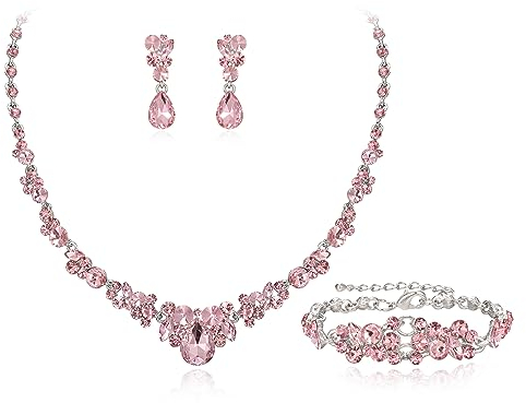 EVER FAITH Hochzeit Kristall-Schmuck-Sets für Glamour Teardrop Strass Halskette Dangle Ohrringe Armband-Sets für Damen rosa Silber-Ton