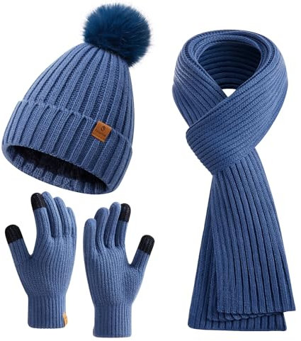 Coolprince Langes Damen-Schal-, Handschuh- und Mützen-Set für kaltes Wetter, Mütze, Schal, Handschuh-Set für Damen, Wintermützen mit Bommel, Blau, Einheitsgröße