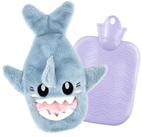 Uzepie 1 L Plush Hot Water Bottle, 2-in-1 Hot Water Bag Shark Hot Water Bottle for Neck, Shoulder, Back Pain Relief, Menstrual Cramps, and Comforting Cold/Hot Therapy