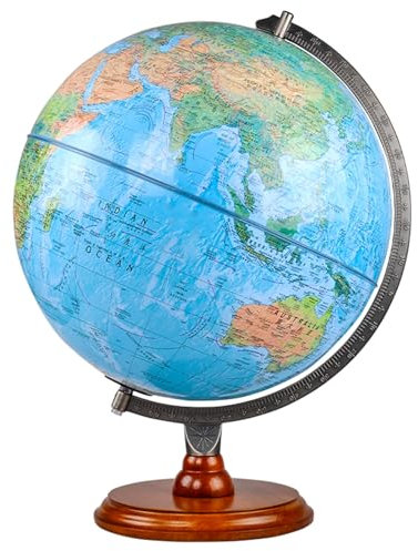 Rustikal geprägter Weltglobus mit Skalenhalterung, Sockel aus massivem Holz, dekorativer Globus, geografischer Globus, 32 cm