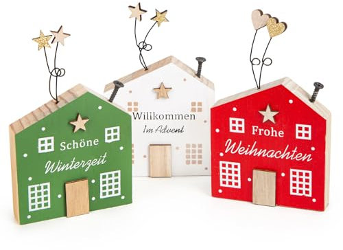 Logbuch-Verlag 3 kleine Häuser Frohe Weihnachten Geschenke aus Holz Weihnachtshäuser Deko Holzhaus 13 x 8 cm rot grün weiß
