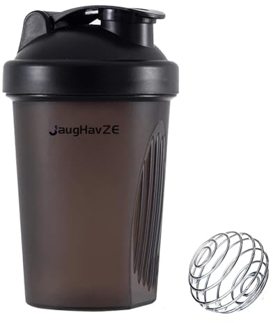 JaugHavZE Protein Shaker Flasche 400ml mit Edelstahl-Mischkugel, BPA- und DEHP-frei, auslaufsicherer Klappdeckel - Protein & Supplement Shaker Flasche schwarz