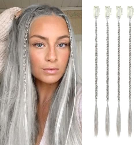 Flufymooz 4PC Braid in Haarverlängerung 35 cm Clip in Braid Extensions für Frauen Synthetische Haarteile für den täglichen Gebrauch Party-Styling (Silbergrau)