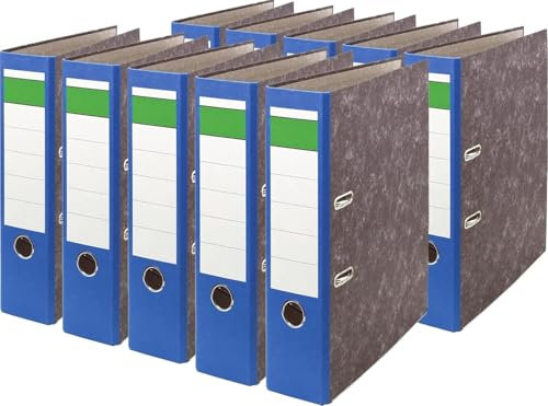 Papiertiger Ordner Nature mit farbigem Rücken aus Graukaton im Wolkenmamor Design, Rückenschild klassisch grüner Balken (Nature (Wolkenmamor), Blau, 10 Stück | 8cm Breit)