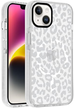 Kueqeay Handyhülle Magnetisch für iPhone 15 6,1 Hülle, Durchsichtige Aesthetic Leopard Muster Case Kompatibilität mit MagSafe Schutzhülle Kratzfest Dünn PC Rückseite Stoßfest Silicone TPU Cover, 01