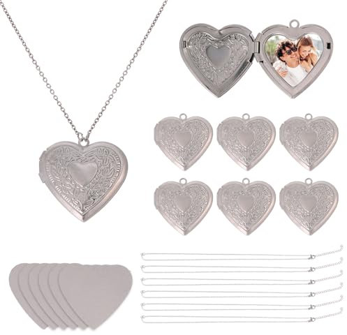 CHGCRAFT 6 Conjunto de Collares Medallón en forma de corazón con bisel en blanco por sublimación colgante medallón en forma de corazón de acero inoxidable amor del calor utilizado, Acero inoxidable,