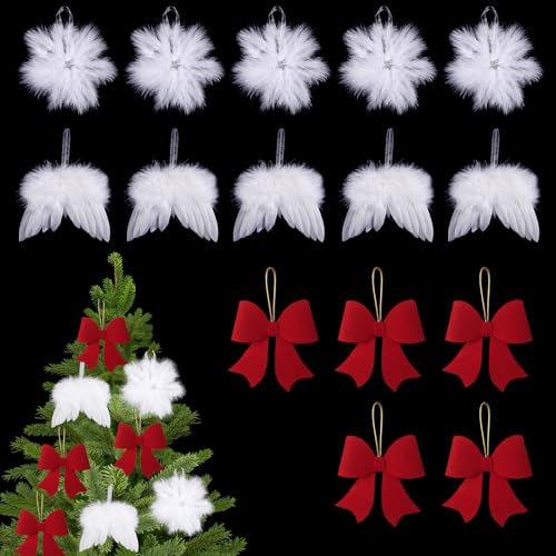 MIPIACE 10 Stück Weihnachten Engelsflügel Federn und 5 Weihnachtsschleifen für Engelsflügel Christbaumschmuck Weihnachtsbaum Deko Weiß für Weihnachtsbaumschmuck DIY Handwerk Christbaum Deko