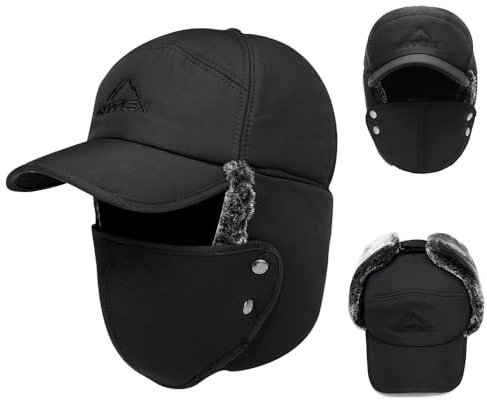 GZCZCC Trapper Mütze Herren Bomber Hut Wintermütze mit Ohrenklappen Fliegermütze Herren Kunstfellmützen Winter Mütze Herren Schwarz Wintermütze Herren Fliegermütze für Skifahren Schlittschuhlaufen