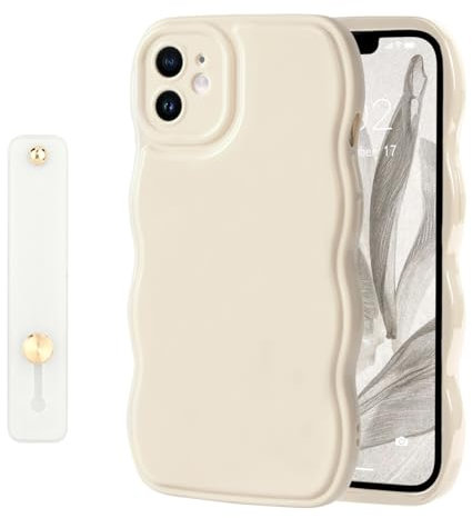 NITITOP Coque pour iPhone 11 Mignonne Simple et Ondulée avec Dragonne Ajustable Poignée de Maintien en Main Femmme Fille Housse de Protection en Silicone Souple-Blanc