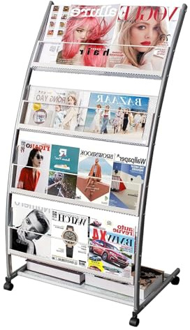 SUNDOY 4-Tier Floor Standing Brochure Display Stand, Metal Magazine Stand and Literature Rack with Wheels for Trade Shows, Exhibitions, Offices and Retail Stores, Silver