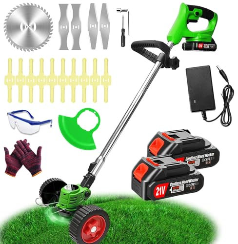 YFPZHZ Débroussailleuse Electrique sans Fil 21V 2.0Ah Coupe Bordure avec 2 Batterie et Chargeur de Coupe Bordure avec et Roues Amovibles,Légères et à Faible Bruit,pour Jardin, Pelouse, Ferme