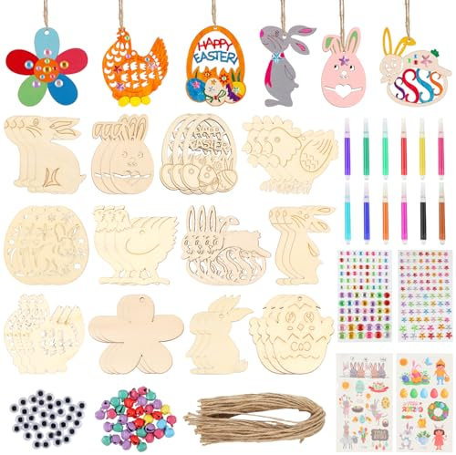 Moosono 161 Stück Ostern Bastelset Kinder, Ostern Holzanhänger zum Bemalen, Ostern Holz Basteln, Ostereier Deko, Ostereier Hase Küken anhänger, für Kinder Osterszeit Frühling Dekoration