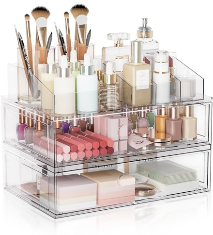 Clear Stackable Makeup Organizer with Drawer, 12''W Acrylic Storage Drawers, Cosmetic Display Case for Vanity Bathroom Countertop, Beauty Holder for Lipstick Brush Skincare Perfume