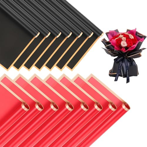 Blumenpapier, Blumenstrauß Papier Verpackung mit Goldrand TUIOLUI 14 Stück 58x58 cm Minimalistisches Blumen Geschenkpapier Wasserdicht Koreanisch Papierblumen Bouquet Wrapping Paper - Rot und Schwarz