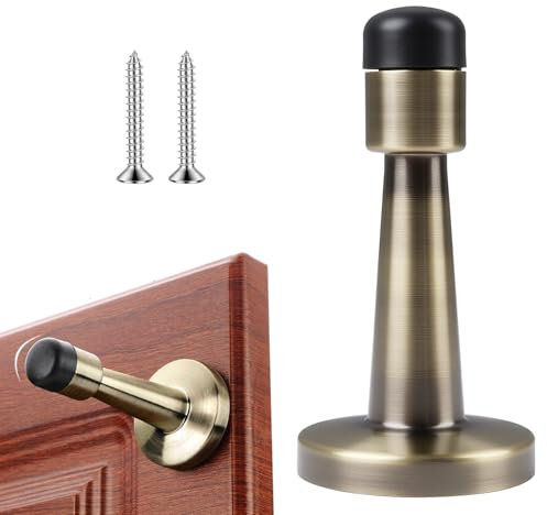 Antique Brass Door Stopper, Wall Mounted Screw-in Door Stop with Rubber Bumper – Zinc Alloy Anti-Collision Holder for Skirtings, Walls – Elegant Brushed for Home & Office