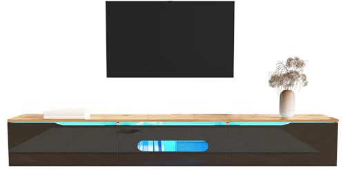 Meuble TV Mural Suspendu Design Moderne avec éclairage LED contrôlé par Application, Portes Push-to-Open, Finition Brillante Mate, Rangement intégré, charnières avec amortisseurs (Noir+Bois)