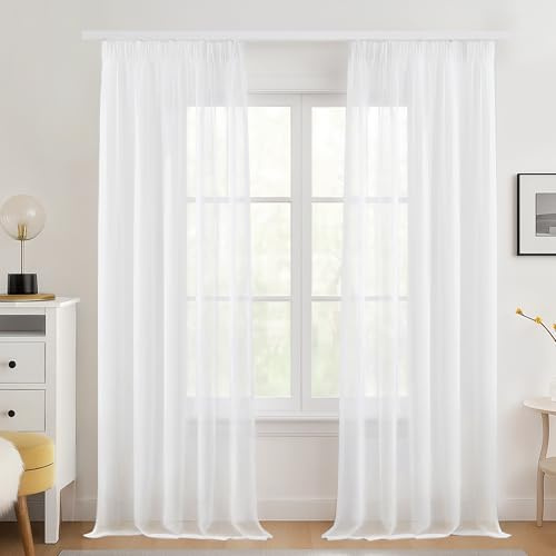 Deconovo Stores Gardinen mit Kräuselband Sheer Voile Vorhang Weiß Vorhänge für Schienen Halbtransparent Gardinenschal für Wohnzimmer Schlafzimmer Dekoschal, H 220 x B 140 cm, 2er Set