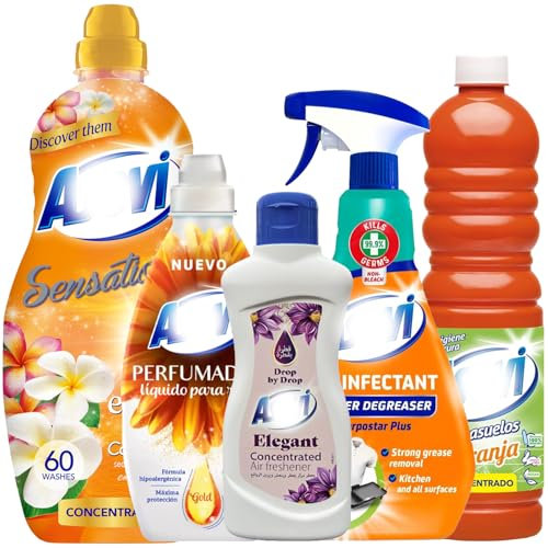 5 Piece Orange Household Spanish Cleaning Products Giftset Bundle Kit with Degreaser 720ml, Floor Cleaner 1L, Scent Booster 720ml, Air Freshener Drops 165ml, Fabric Softener Conditioner 60 Washes